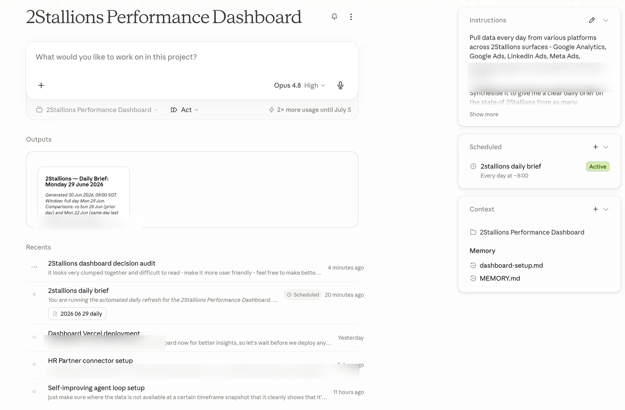 The 2Stallions Performance Dashboard project inside Claude Cowork: a scheduled daily brief routine marked Active, set to run every day at 8am, the latest daily brief output, and instructions to pull data from Google Analytics, Google Ads, LinkedIn Ads, and Meta Ads
