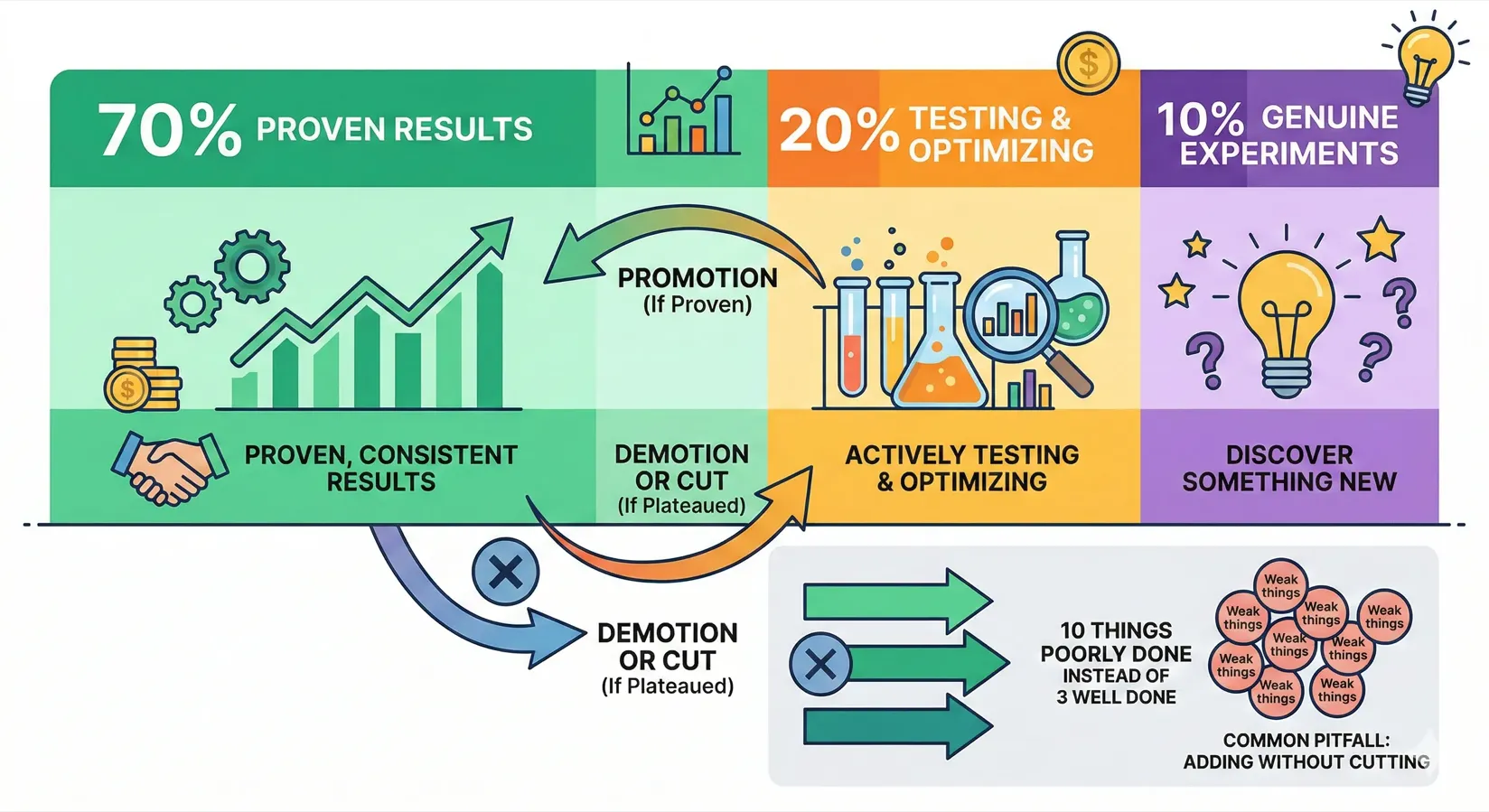 The 70/20/10 rule for marketing budget allocation: 70% on proven channels, 20% on testing, 10% on experiments