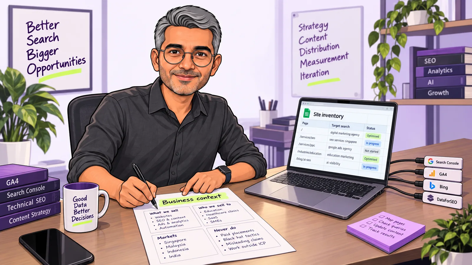Illustration of Dhawal Shah writing a one-page business context file for an SEO agent, beside a laptop showing a site inventory and four data connections labelled Search Console, GA4, Bing and DataForSEO