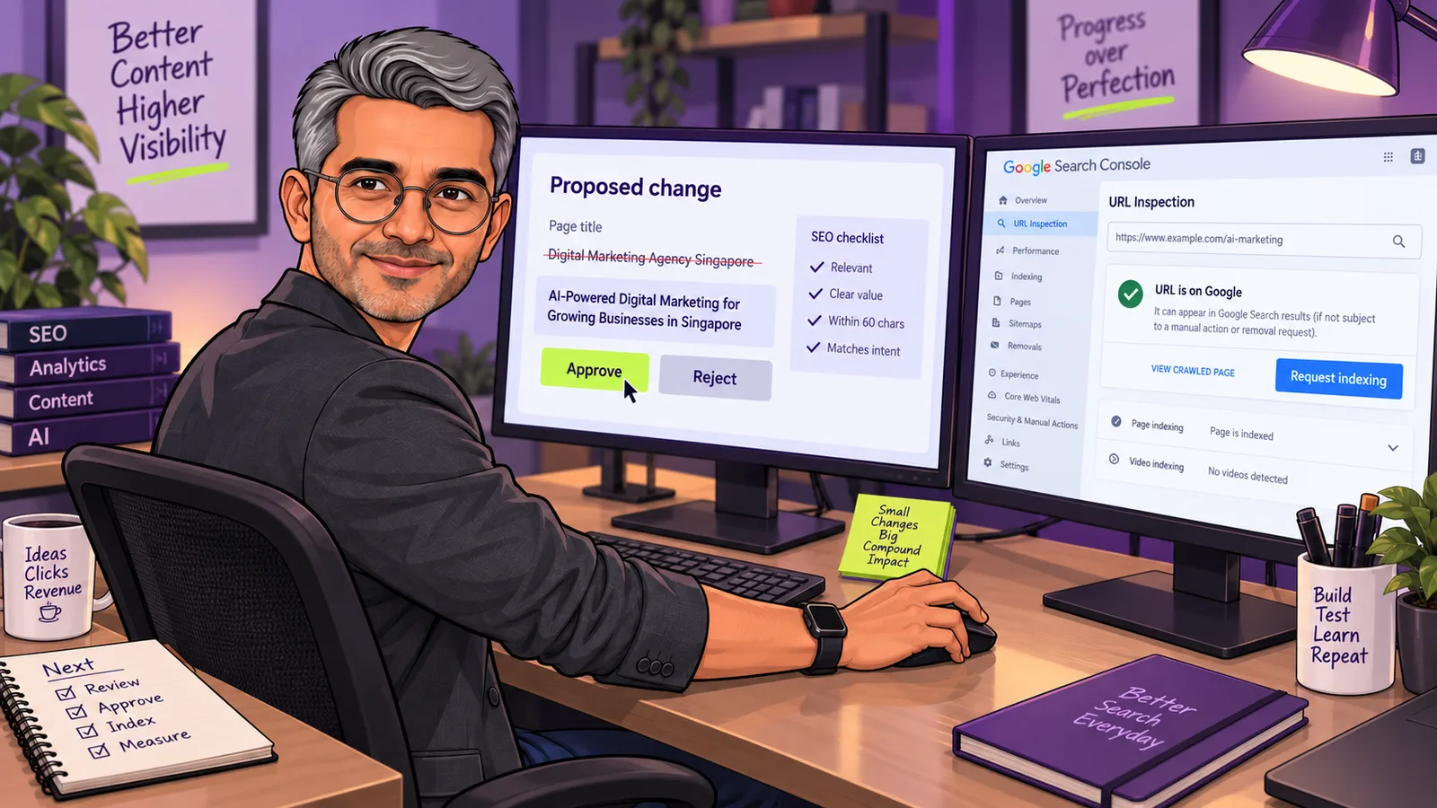 Illustration of Dhawal Shah approving an SEO agent's proposed title change on one screen, with Search Console's Request indexing button open on the other