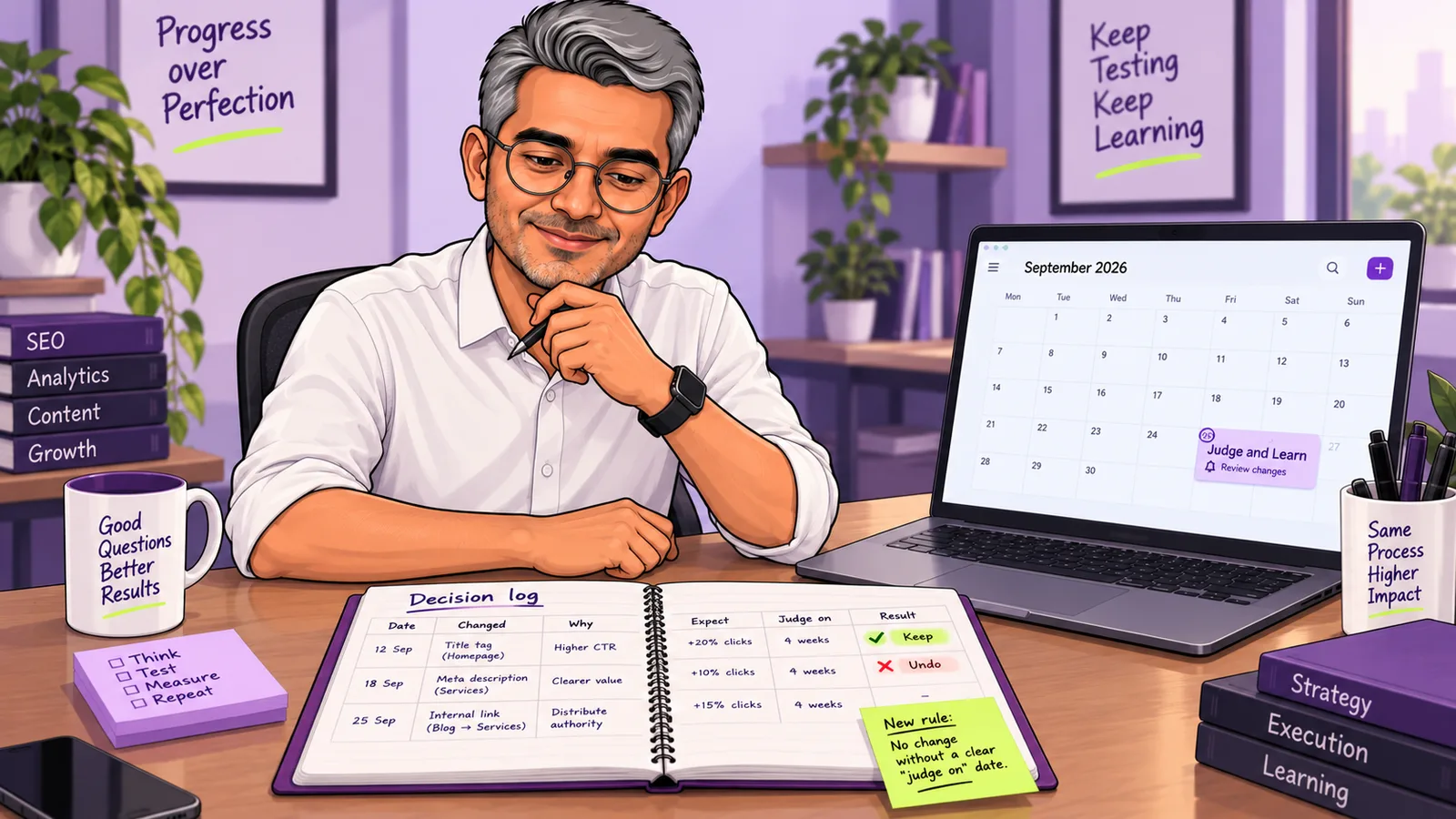Illustration of Dhawal Shah reviewing a decision log of SEO changes with keep and undo verdicts, and a sticky note marked New rule