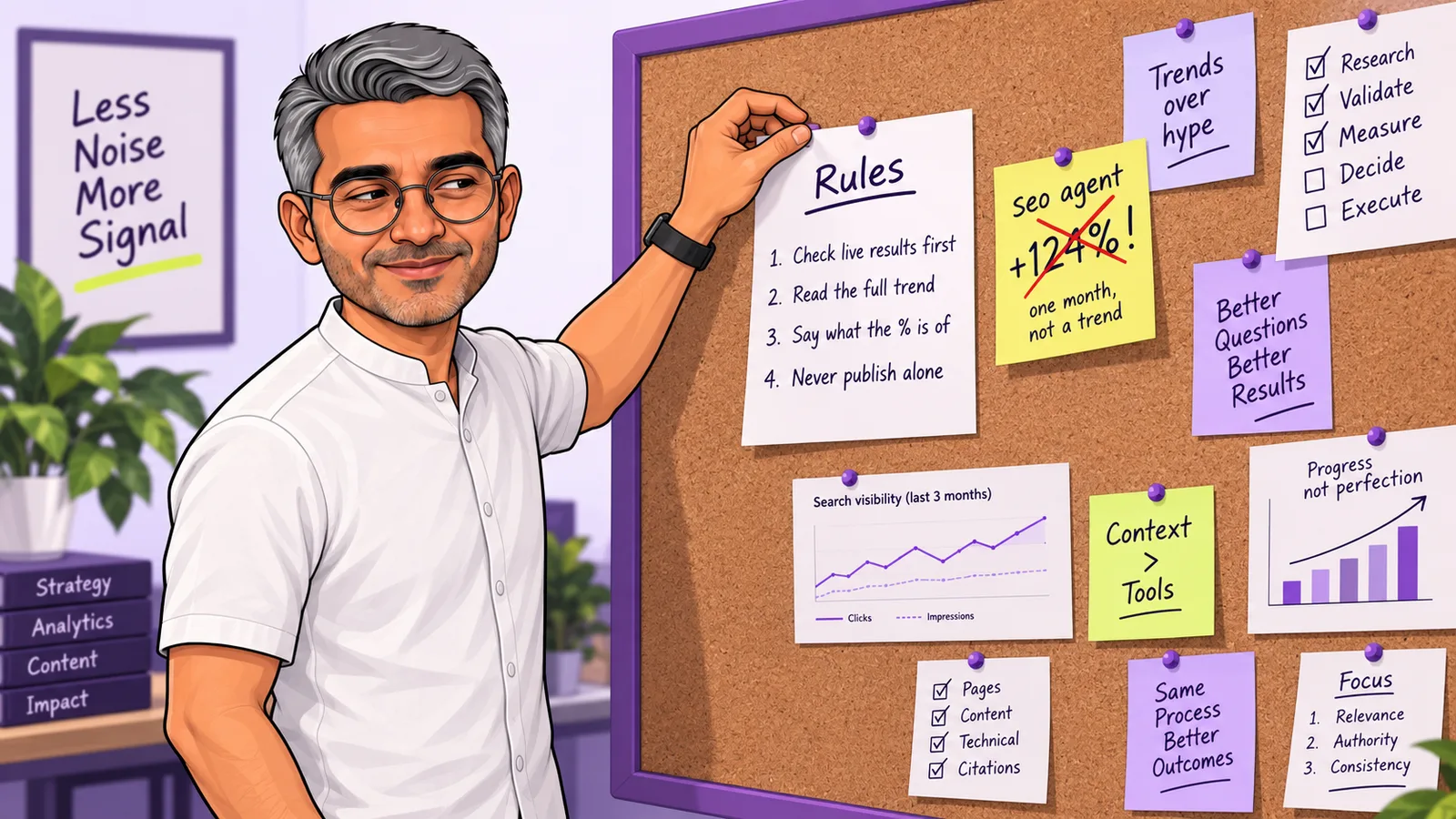 Illustration of Dhawal Shah pinning a list of SEO agent rules to a corkboard, next to a crossed-out sticky note reading seo agent +124%, the trend mistake that became a rule