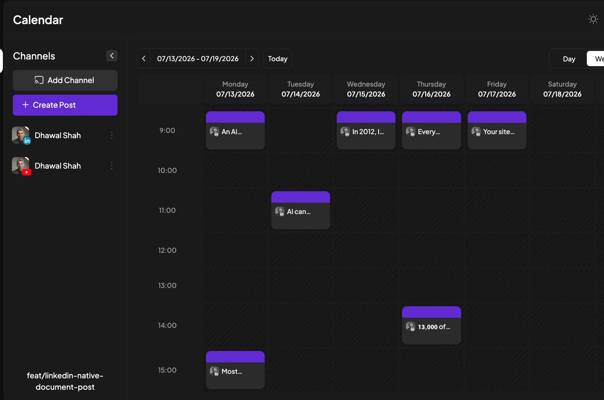 A week view of the self-hosted Postiz scheduling calendar showing seven LinkedIn posts queued across Monday to Friday at staggered times, with LinkedIn and YouTube channels connected in the sidebar and a git feature branch name visible in the corner of the self-hosted instance.