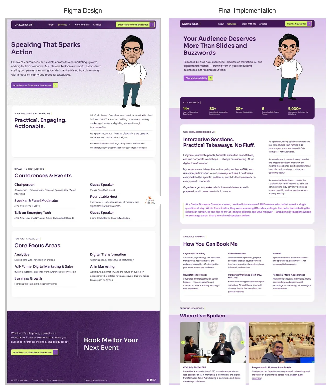 Side-by-side comparison of the original Figma design and the final AI-built Speaker and Moderator page