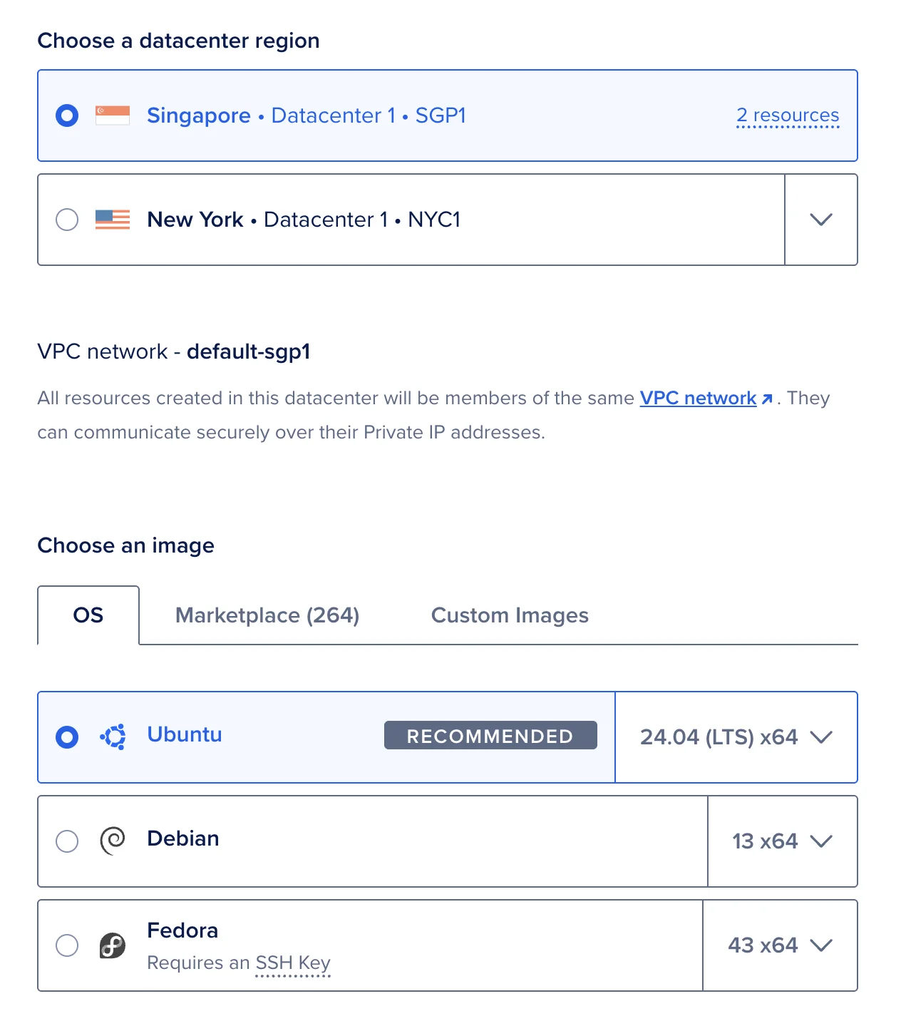 DigitalOcean droplet creation showing Ubuntu 24.04 selected and the Singapore datacenter region highlighted