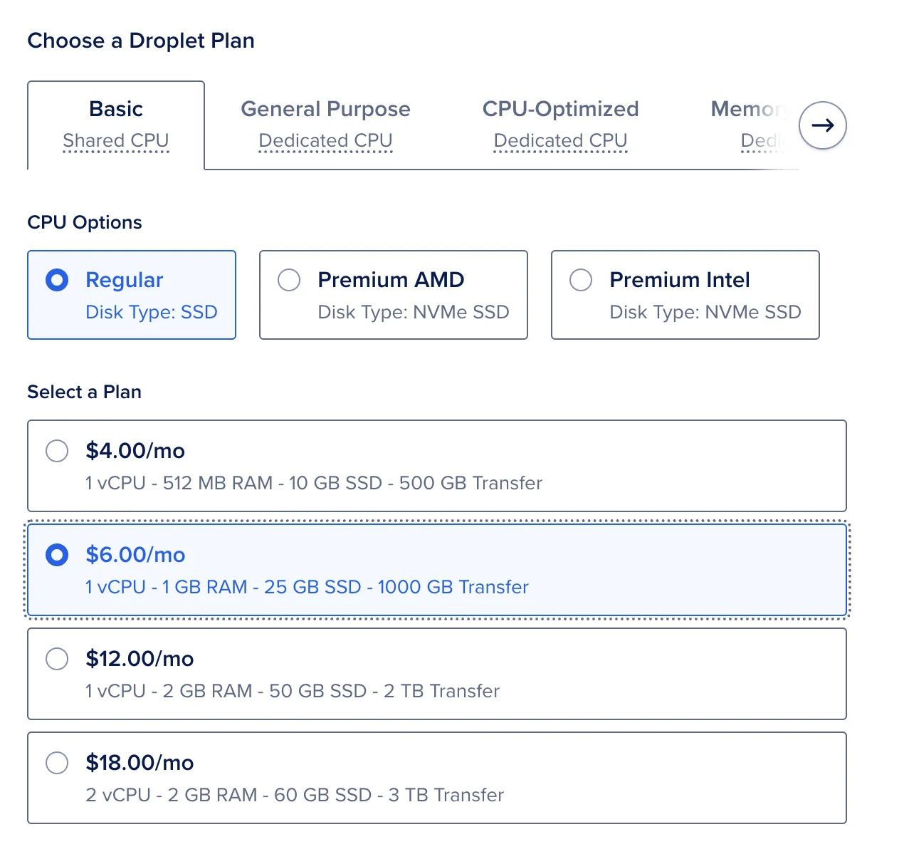 DigitalOcean Basic plan with the $6 per month size selected showing 1 vCPU, 1 GB RAM, 24 GB SSD
