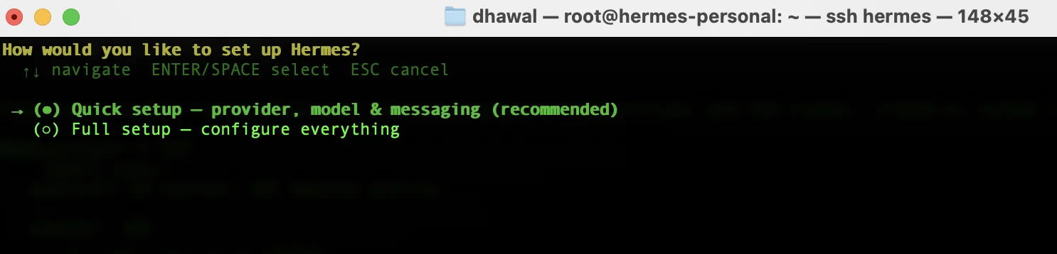 Hermes Agent setup wizard with Quick setup option highlighted