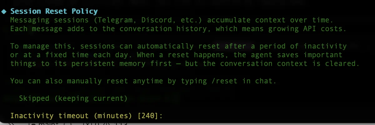 Hermes setup wizard session reset confirmation screen