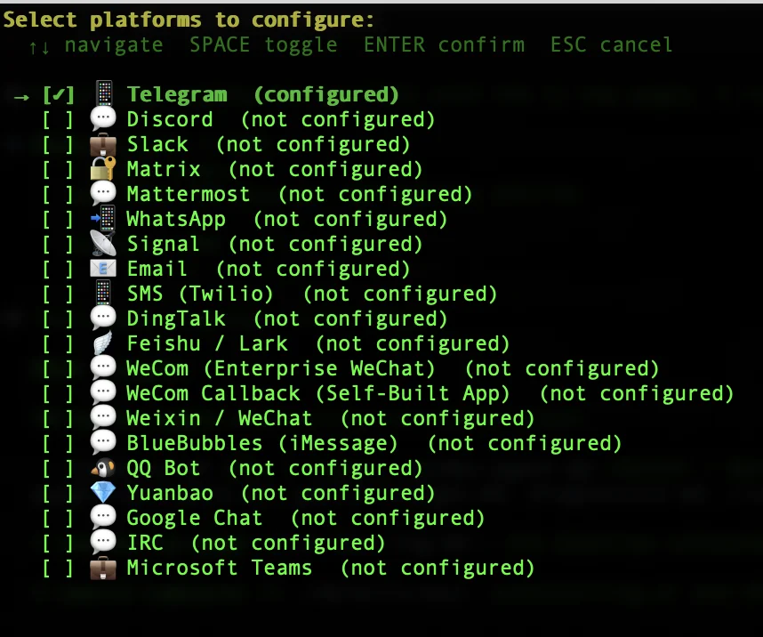 Hermes setup wizard messaging platform selection showing Telegram checked alongside Discord, Slack, WhatsApp, Signal, Email and other options