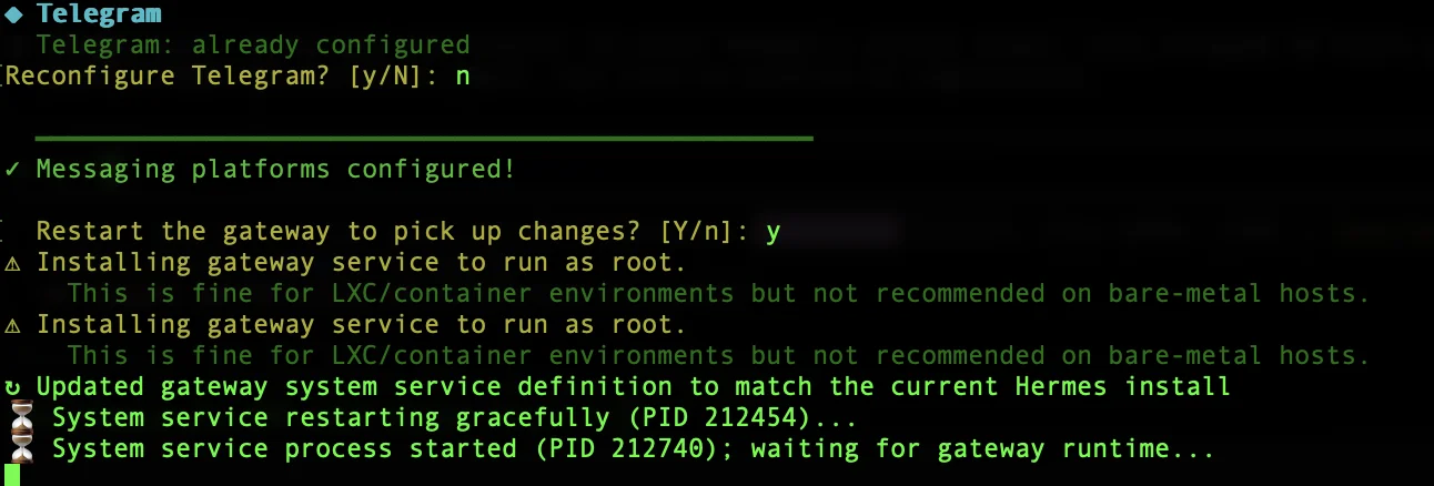 Hermes setup wizard gateway restart prompt