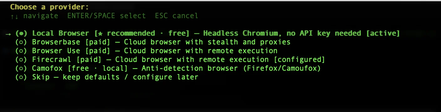 Hermes setup wizard browser automation provider selection