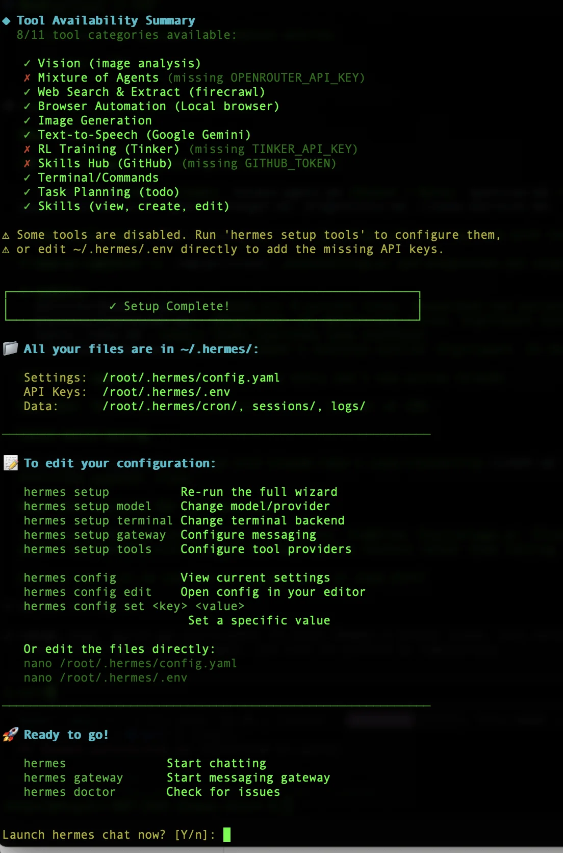 Hermes setup wizard completion screen showing the tool availability summary, file locations, and config edit commands