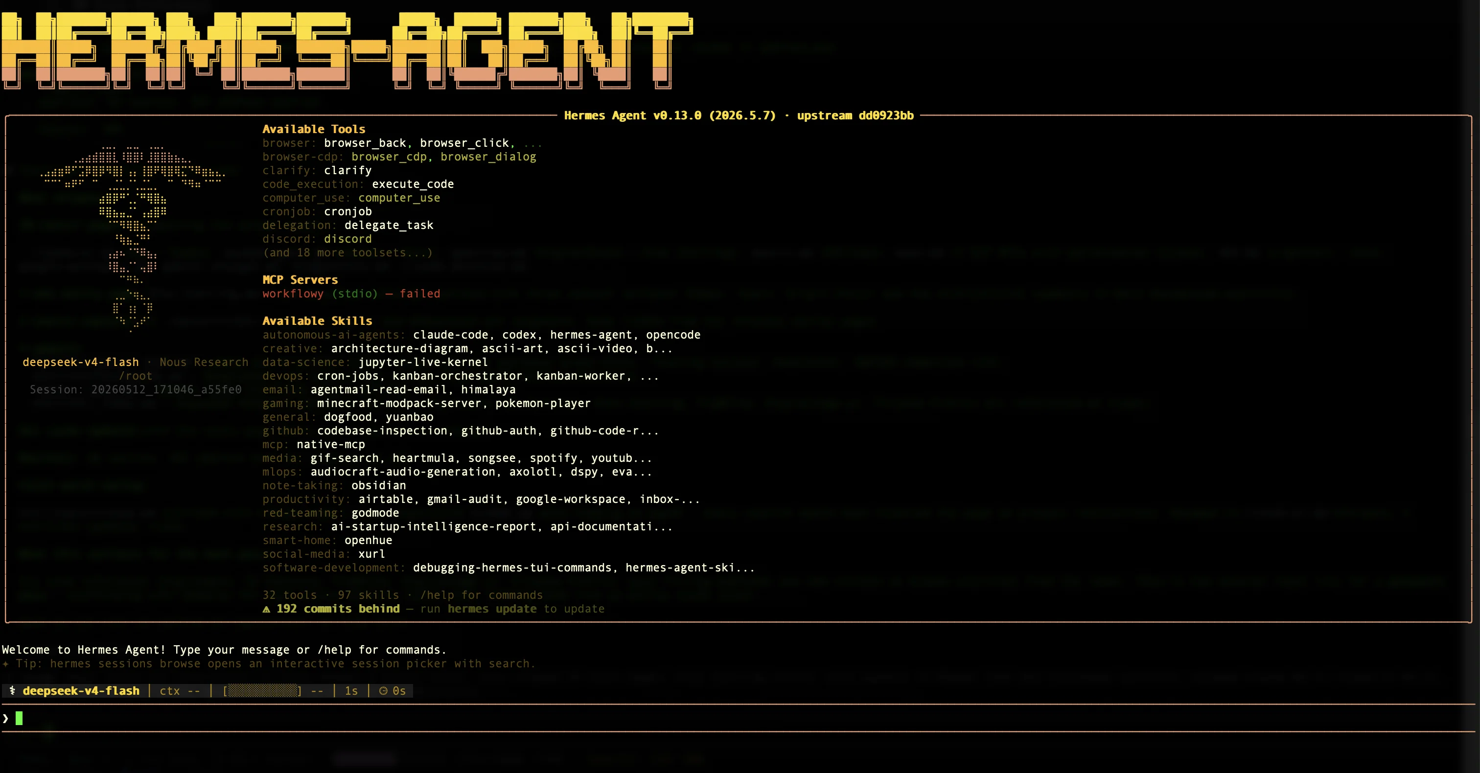 Hermes Agent terminal UI showing the welcome screen with available tools, MCP servers, and skills
