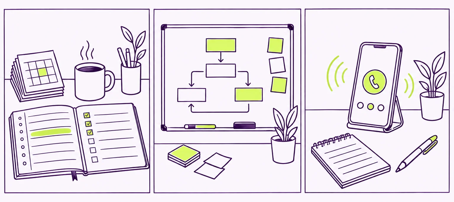 Three desk stations side by side: a daily planner with a checklist and calendar cards for the chief of staff, a whiteboard with a simple project flow for the project manager, and a phone on a stand mid-call for the personal assistant.