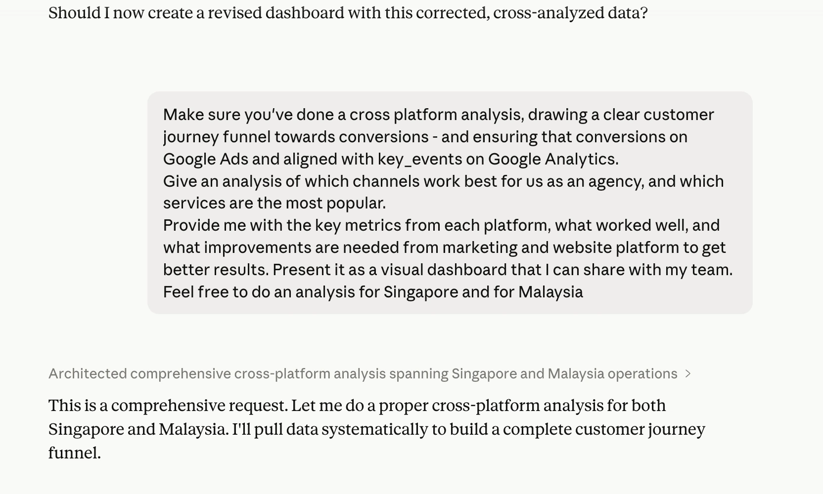 Claude Desktop showing a cross-platform analysis query and Claude orchestrating data pulls across Google Analytics, Google Ads, and Meta simultaneously