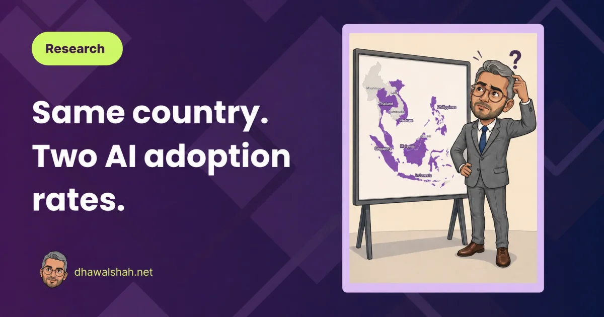 Title card on deep purple reading 'Same country. Two AI adoption rates.', with a lime Research label, beside a caricature of Dhawal Shah in a grey suit scratching his head at a flip chart showing a purple map of Southeast Asia.