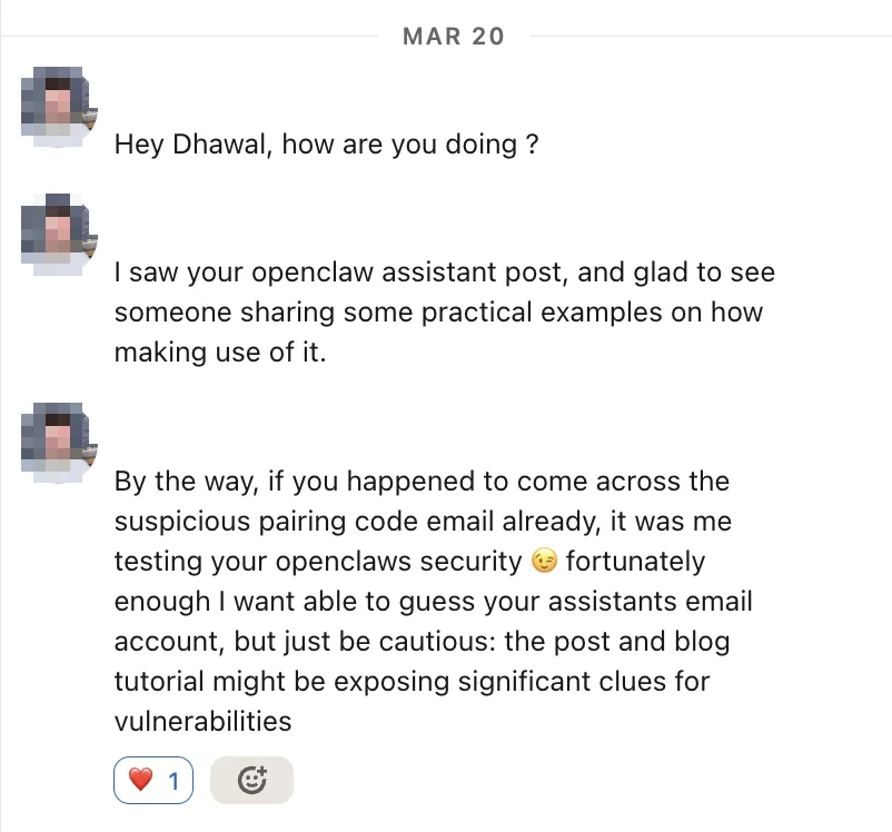 LinkedIn message from a contact flagging that my OpenClaw tutorial might expose security clues