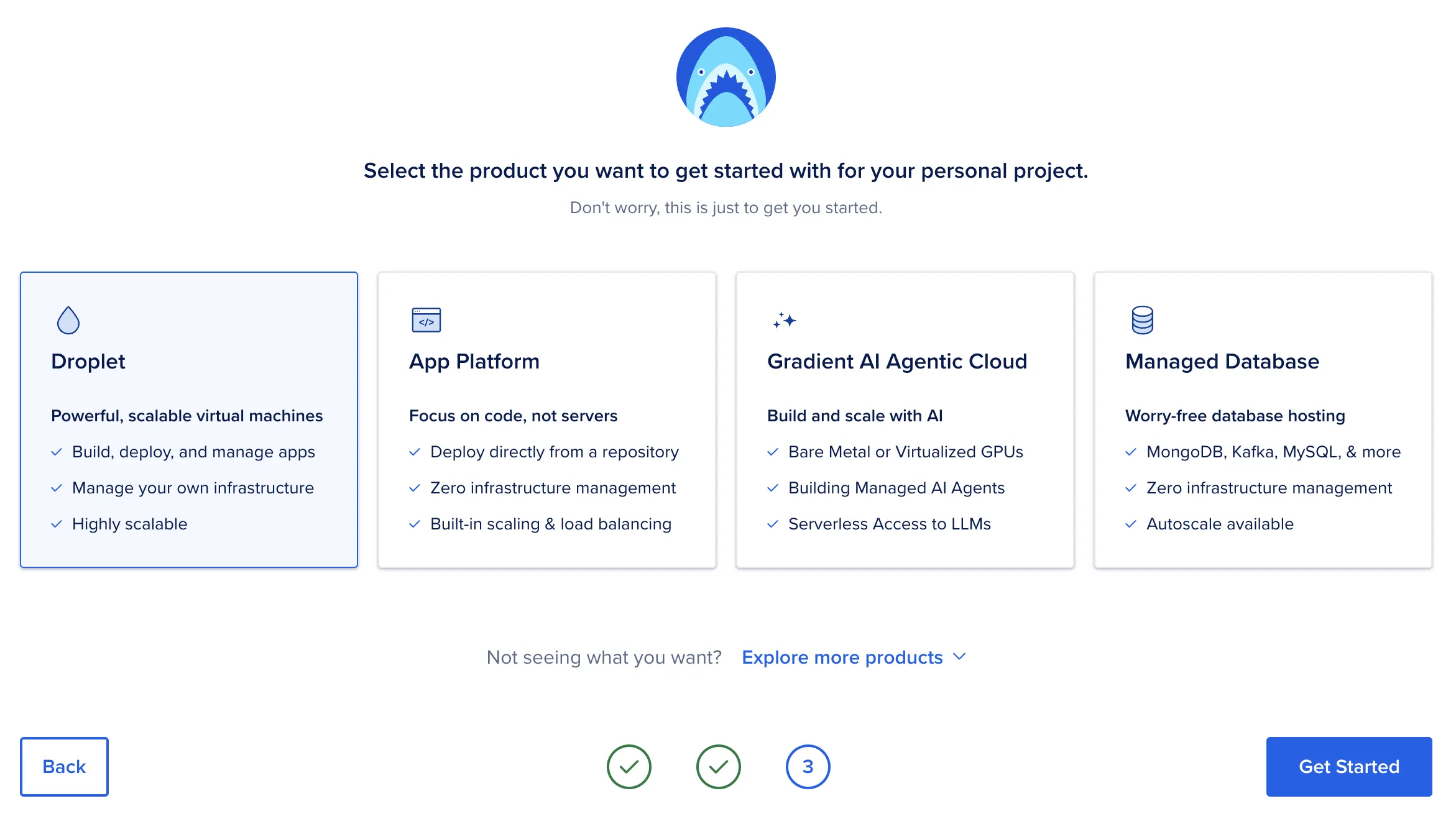 DigitalOcean product picker showing the OpenClaw 1-Click Marketplace image