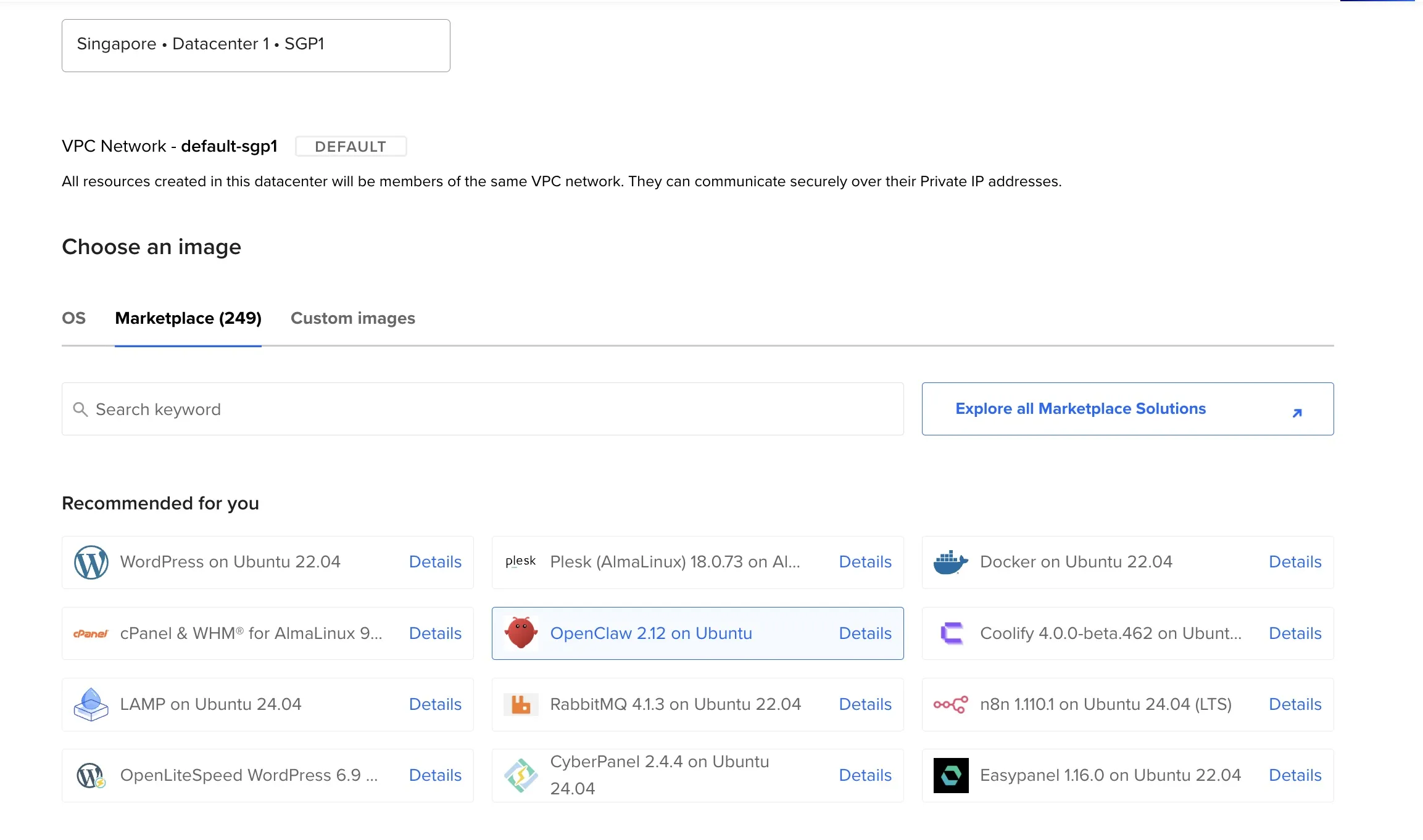Server location selection and OS options in DigitalOcean