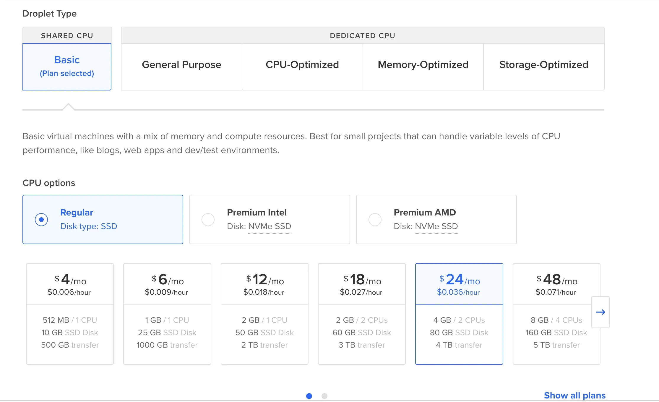 DigitalOcean droplet pricing and specs comparison