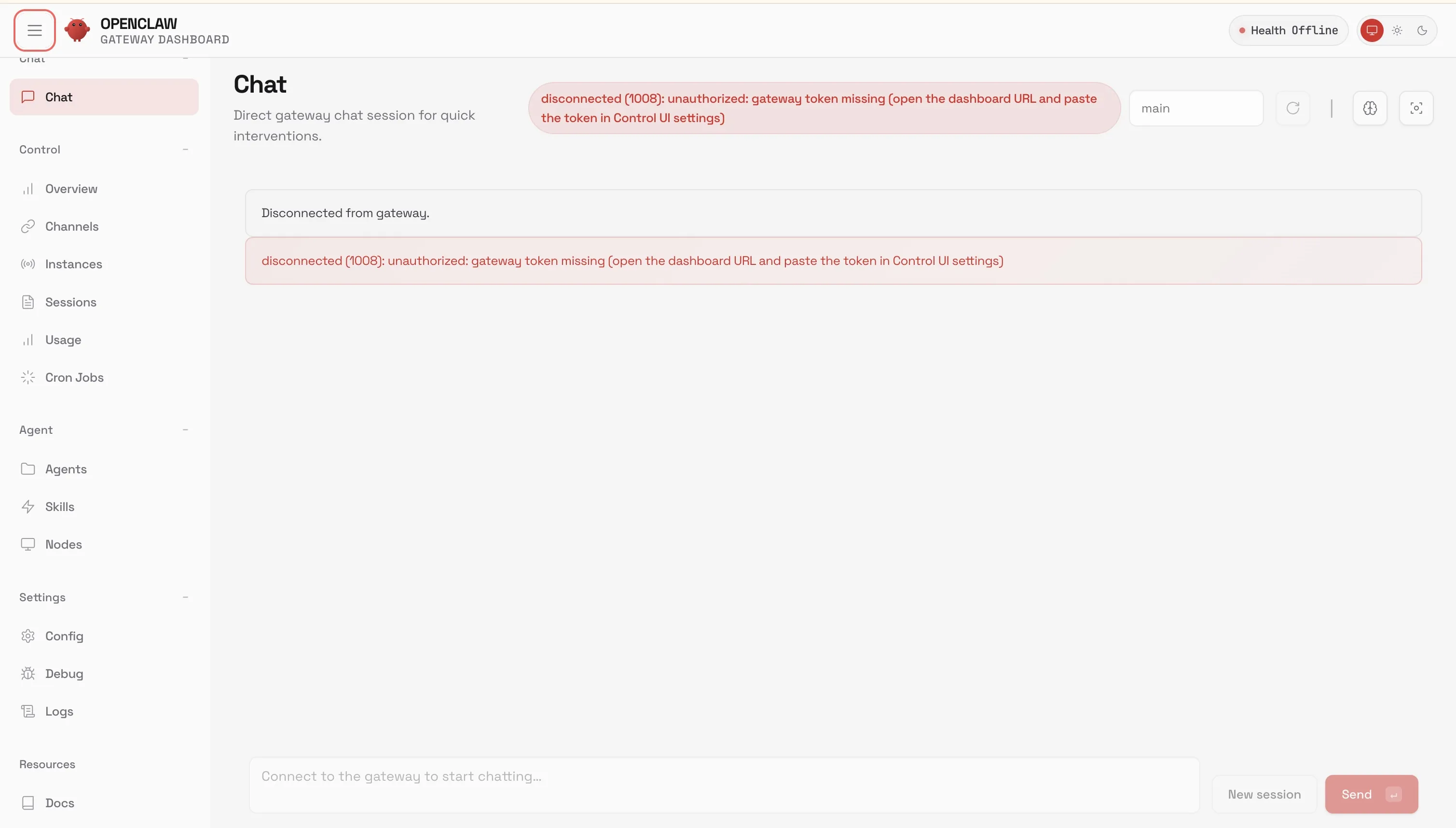 OpenClaw dashboard before pairing