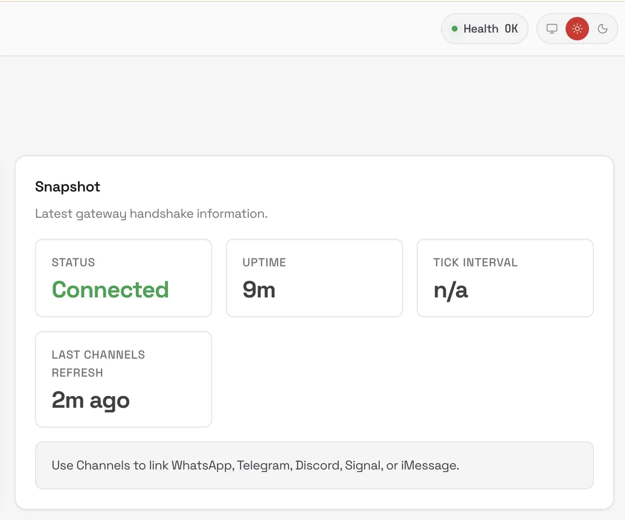 Dashboard showing connected status