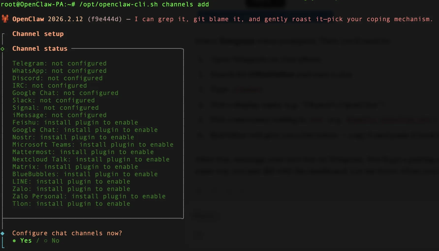 Channel setup options in the terminal
