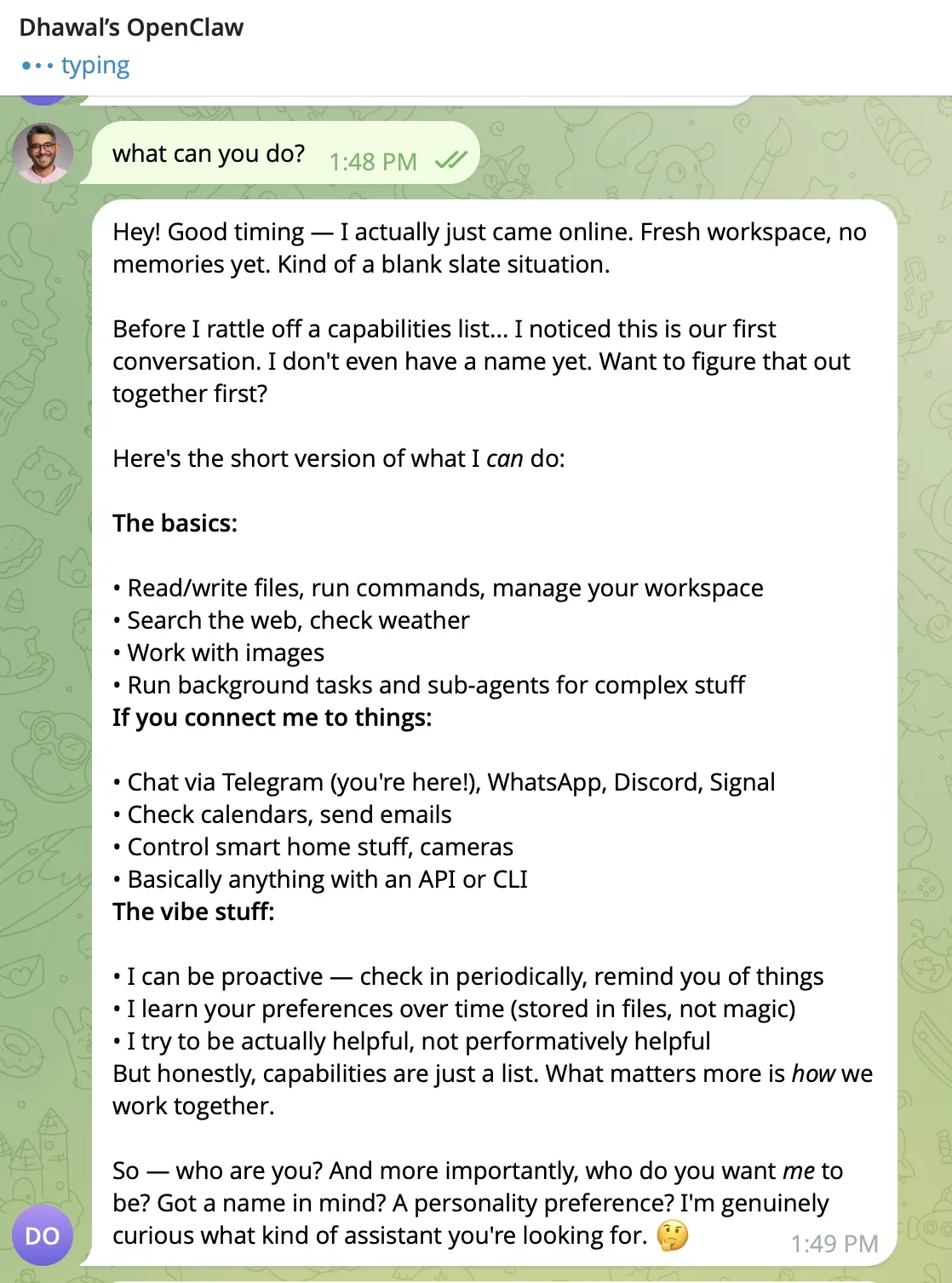 First conversation with the OpenClaw Telegram bot