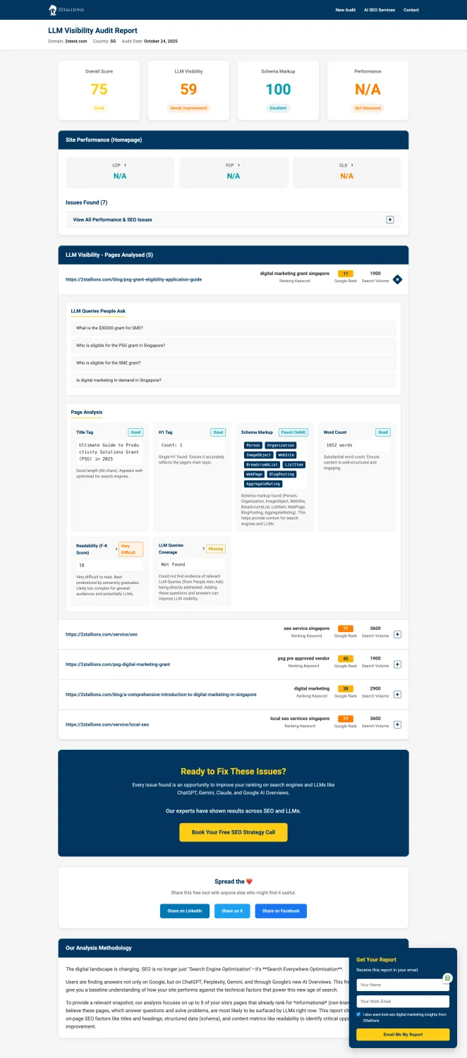 Sample AI Visibility Audit report showing scores for overall performance, LLM visibility, schema markup, and page-by-page analysis