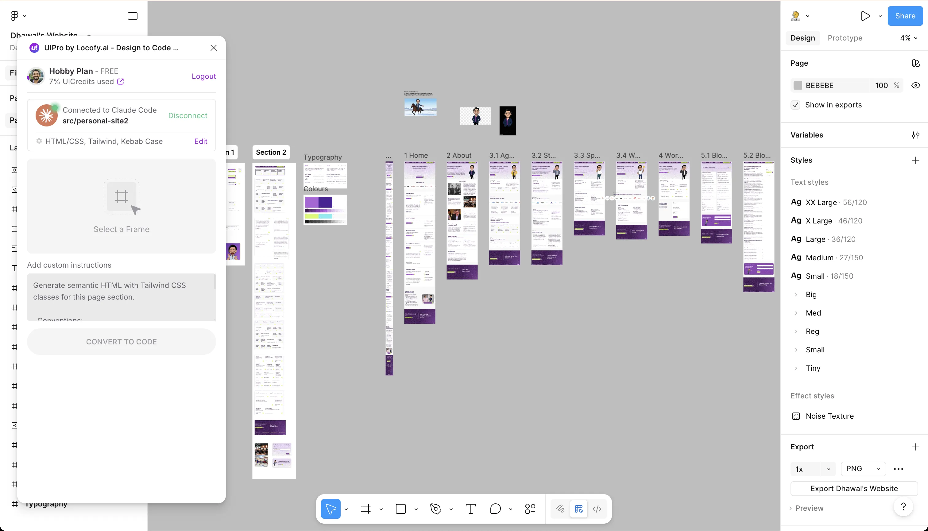UIPro Figma plugin connected to Claude Code, showing the design-to-code workflow with 7% credits used on the free Hobby plan