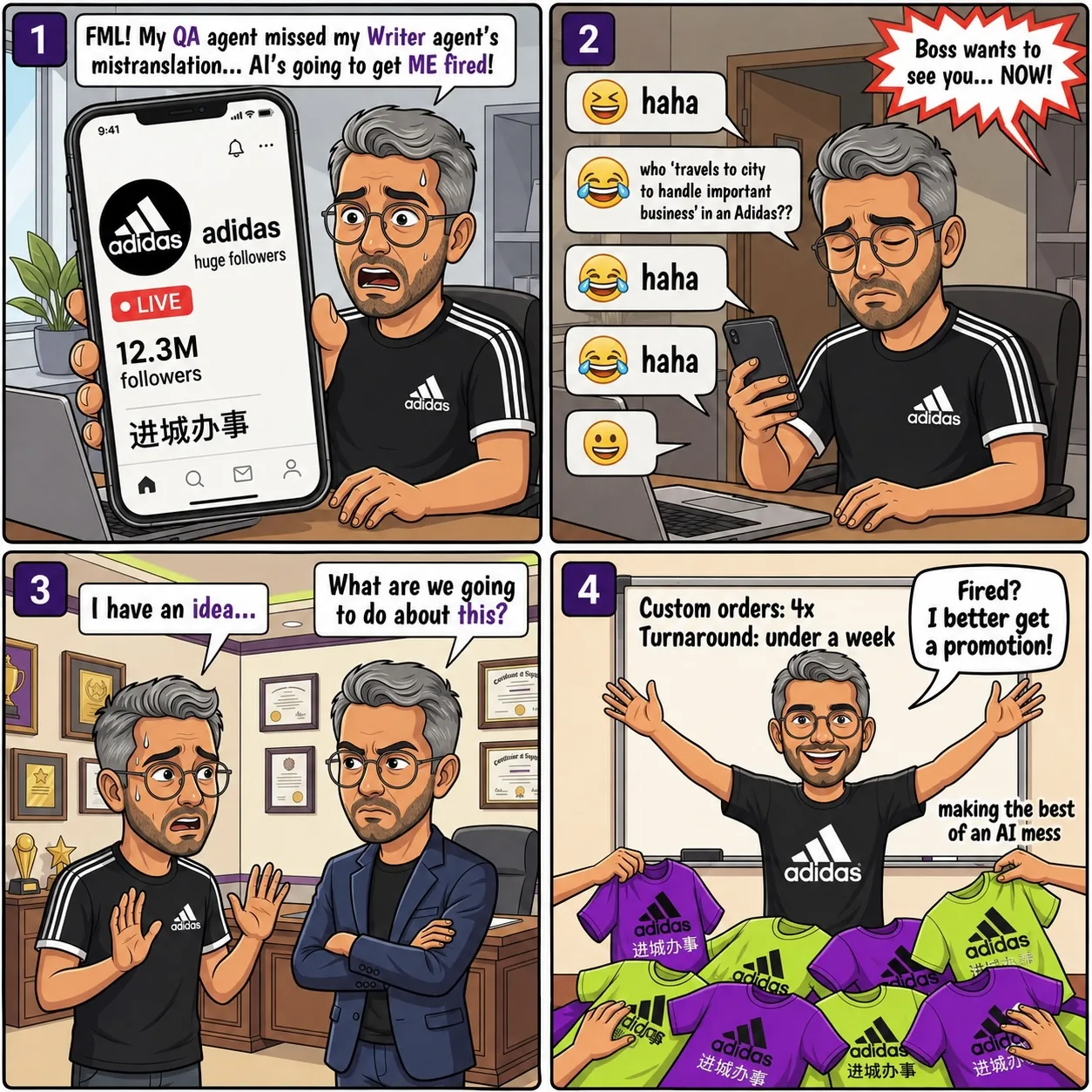 Four-panel cartoon in which Dhawal Shah, wearing an Adidas shirt, panics that his QA agent missed his Writer agent's mistranslation on a live Adidas stream showing the Chinese phrase jin cheng ban shi, watches the comments fill with laughing emojis and a summons from his boss, faces the boss with hands raised saying he has an idea, and finally stands in front of a whiteboard reading custom orders 4x and turnaround under a week while purple and lime T-shirts printed with the mistranslation are held up around him.