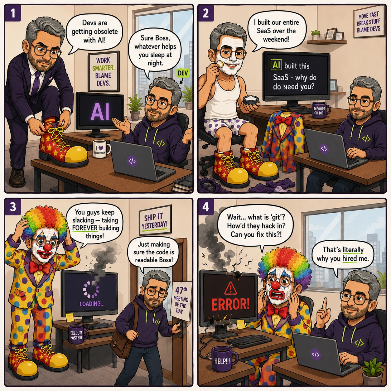 Four-panel office cartoon where a boss puts on clown shoes labeled DEV for his developer while praising AI, then the developer takes over building the SaaS product over a weekend and dresses as a smug clown, then the boss dons a full clown costume complaining about slow delivery while the developer quietly explains he was ensuring code quality, and finally panics over a hacked, error-filled app and begs the developer — now dressed normally again — to fix it.