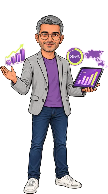 Caricature of Dhawal Shah presenting Asia-Pacific AI adoption data on a tablet