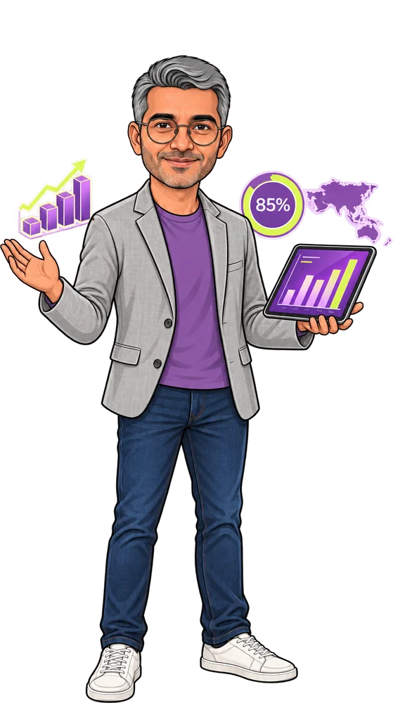 Caricature of Dhawal Shah presenting Asia-Pacific AI adoption data