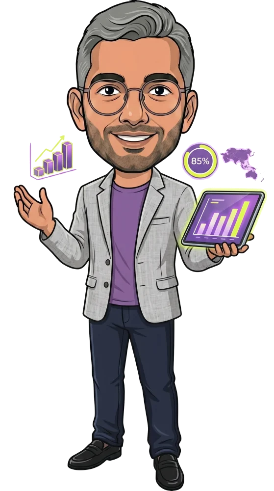 Caricature of Dhawal Shah presenting Asia-Pacific AI adoption data on a tablet
