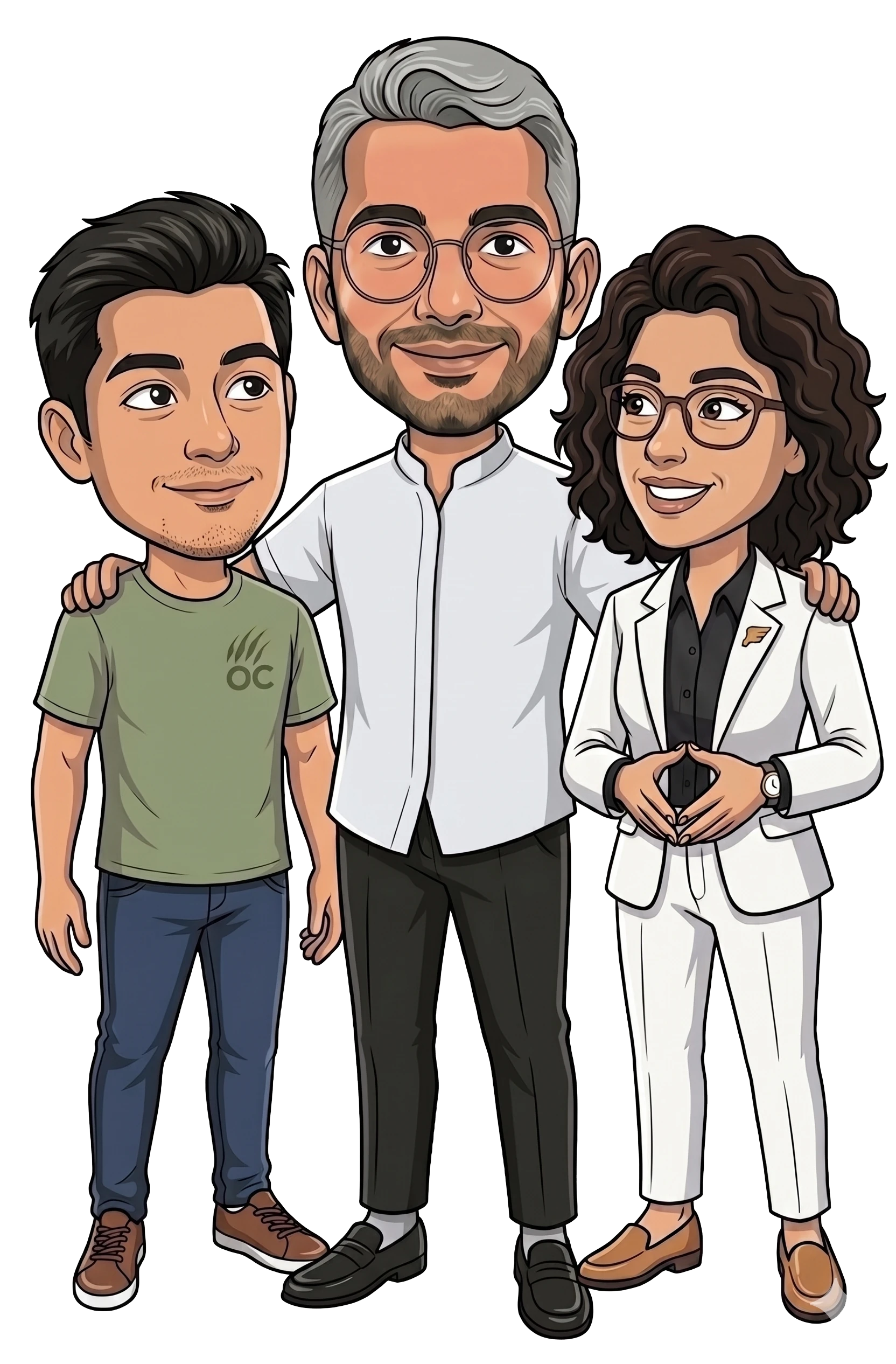 Caricature of Dhawal Shah standing with his two AI agents: Nora (Hermes Agent, his Chief of Staff) and Alex (OpenClaw, his AI cofounder experiment)