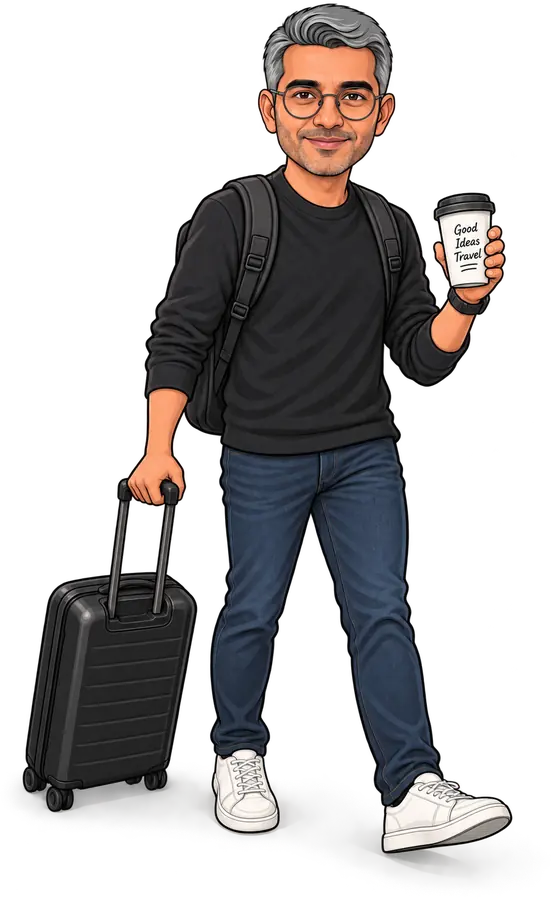 Caricature of Dhawal Shah walking with a carry-on case and a coffee cup