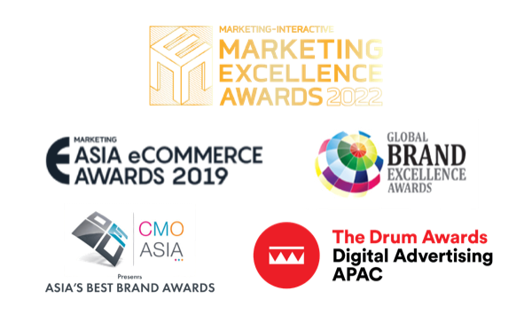 Award logos: Marketing Excellence Awards 2022, Asia eCommerce Awards, Global Brand Excellence Awards, CMO Asia, The Drum Awards