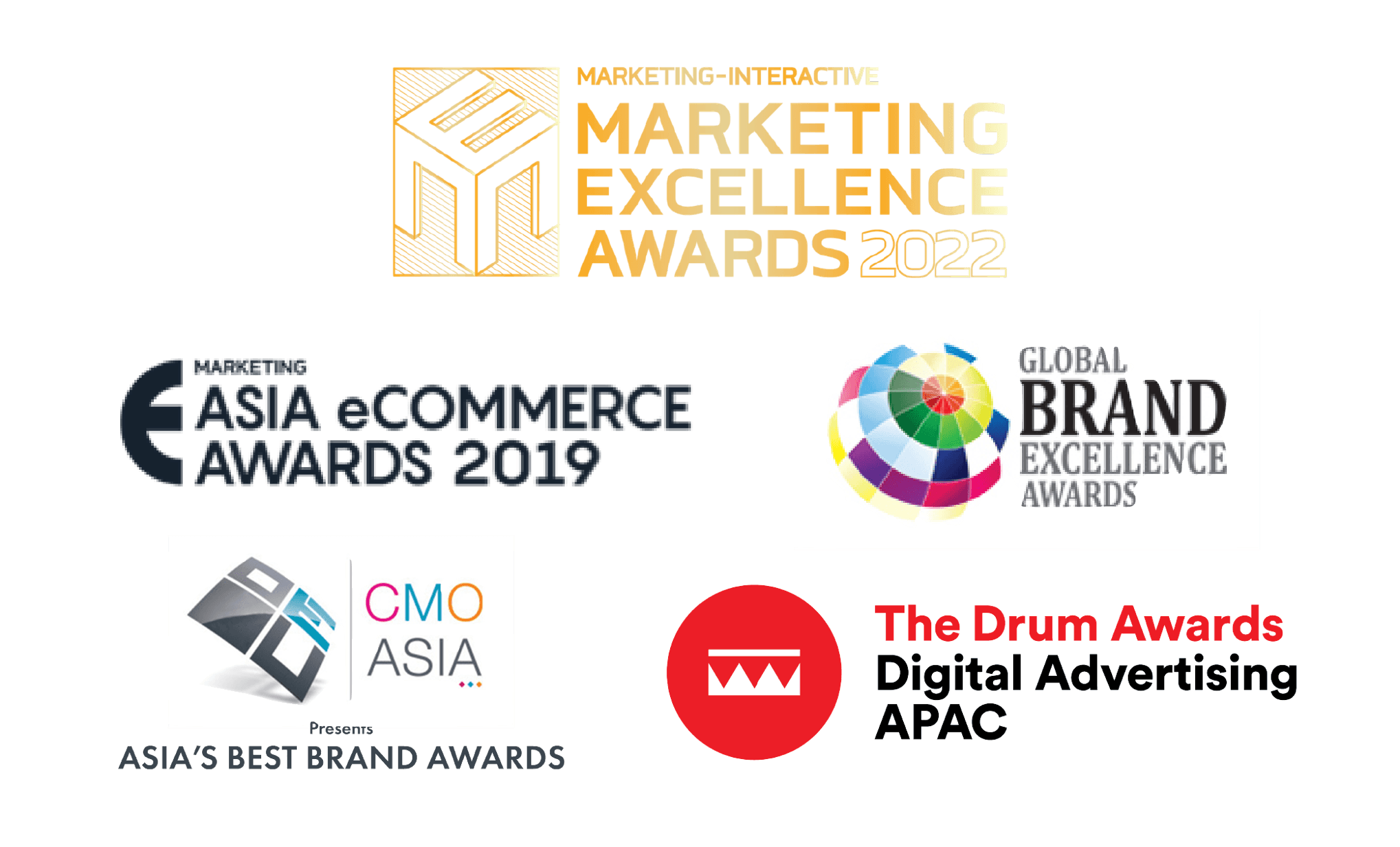 Award logos: Marketing Excellence Awards 2022, Asia eCommerce Awards, Global Brand Excellence Awards, CMO Asia, The Drum Awards